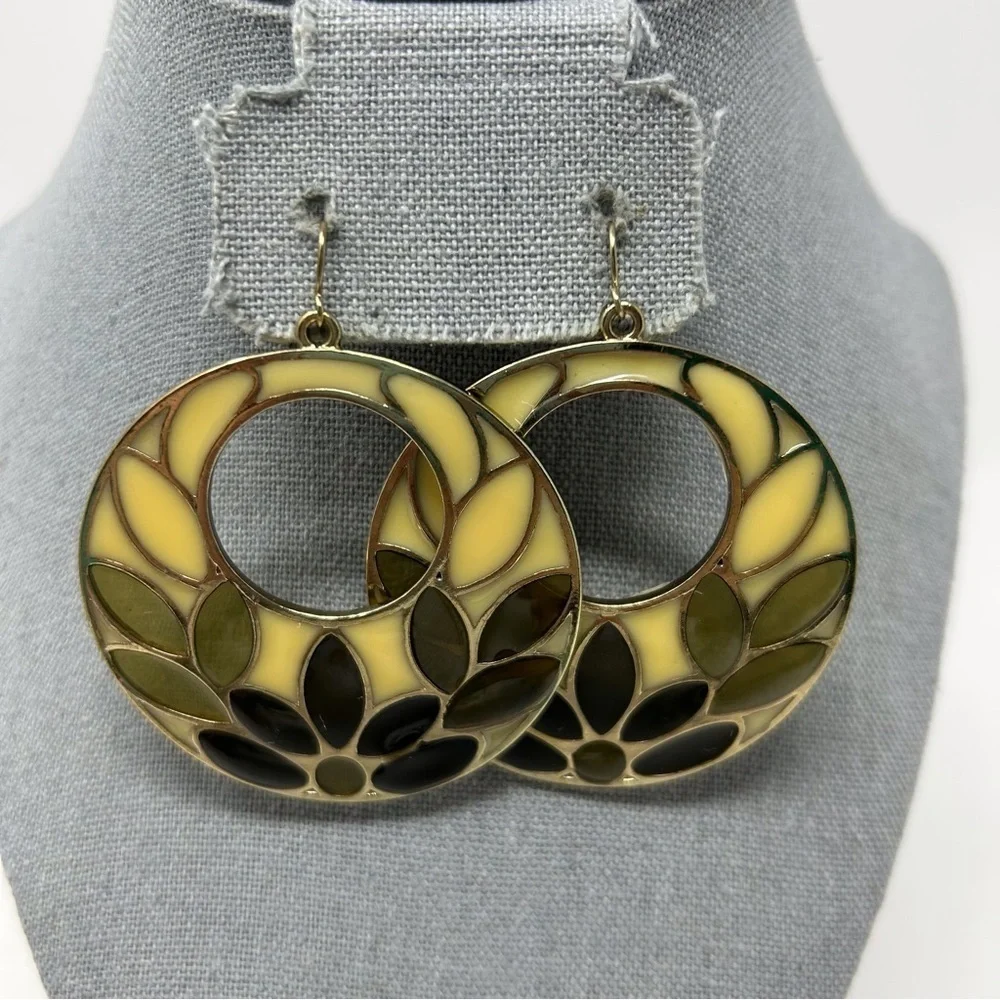 Large Groovy Black, Yellow and Brown Lotus Flower Dangle Hoop Earrings